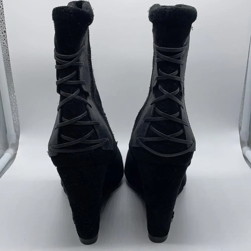 𝅺House of Harlow Sahara Black Suede Leather Lace Up Wedge Boots SZ 40 9.5